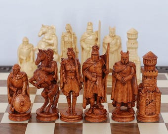 Viking chess set pieces, Medieval chess, Knights chess set, Large wood carving chess pieces with box, Luxury wooden chess pieces and case