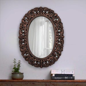 Oval vintage wall mirrors Mid Century mirror for wall décor, Hand carved gold ornate wall mount mirror, Carving wooden mirror Contemporary