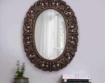Ovale vintage wandspiegels uit het midden van de eeuw, spiegel voor wanddecoratie, met de hand gesneden gouden sierlijke wandmontagespiegel, snijdende houten spiegel, eigentijds