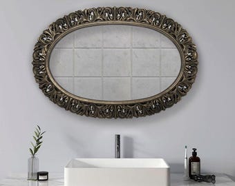 Vintage wandspiegels uit het midden van de eeuw Moderne spiegel voor wanddecoratie, met de hand gesneden gouden sierlijke wandmontagespiegel, snijdende houten spiegel, eigentijds