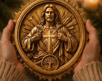 May include: A circular gold-toned relief plaque featuring a central figure with long hair and a beard, holding a cross against the chest. The design includes a sunburst border and a small circular emblem at the bottom depicting a tree with roots.