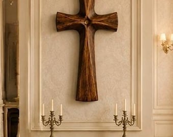 May include: A large, dark brown wooden cross with a smooth, sculpted, and curved surface texture. The cross features a central circular indentation where the vertical and horizontal beams intersect, showcasing a natural wood grain pattern throughout.