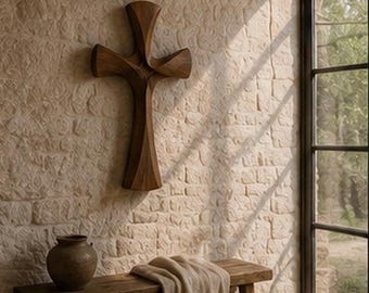 May include: A wall-mounted wooden cross featuring a smooth, curved, and twisted design with a rich brown grain. The cross has a symmetrical shape with flared ends and a central point where the vertical and horizontal beams intersect seamlessly.