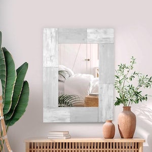 White washed mirror, Handmade wooden mirror for wall décor, White Decorative mirror, Reclaimed mirror, Whitened mirror, Distressed mirror