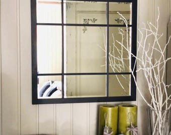 Distressed Wood Windowpane Mirror - Reclaimed Barnwood Window Pane Mirror - Antique Barnwood Window Mirror - Black window Pane Wall Mirror