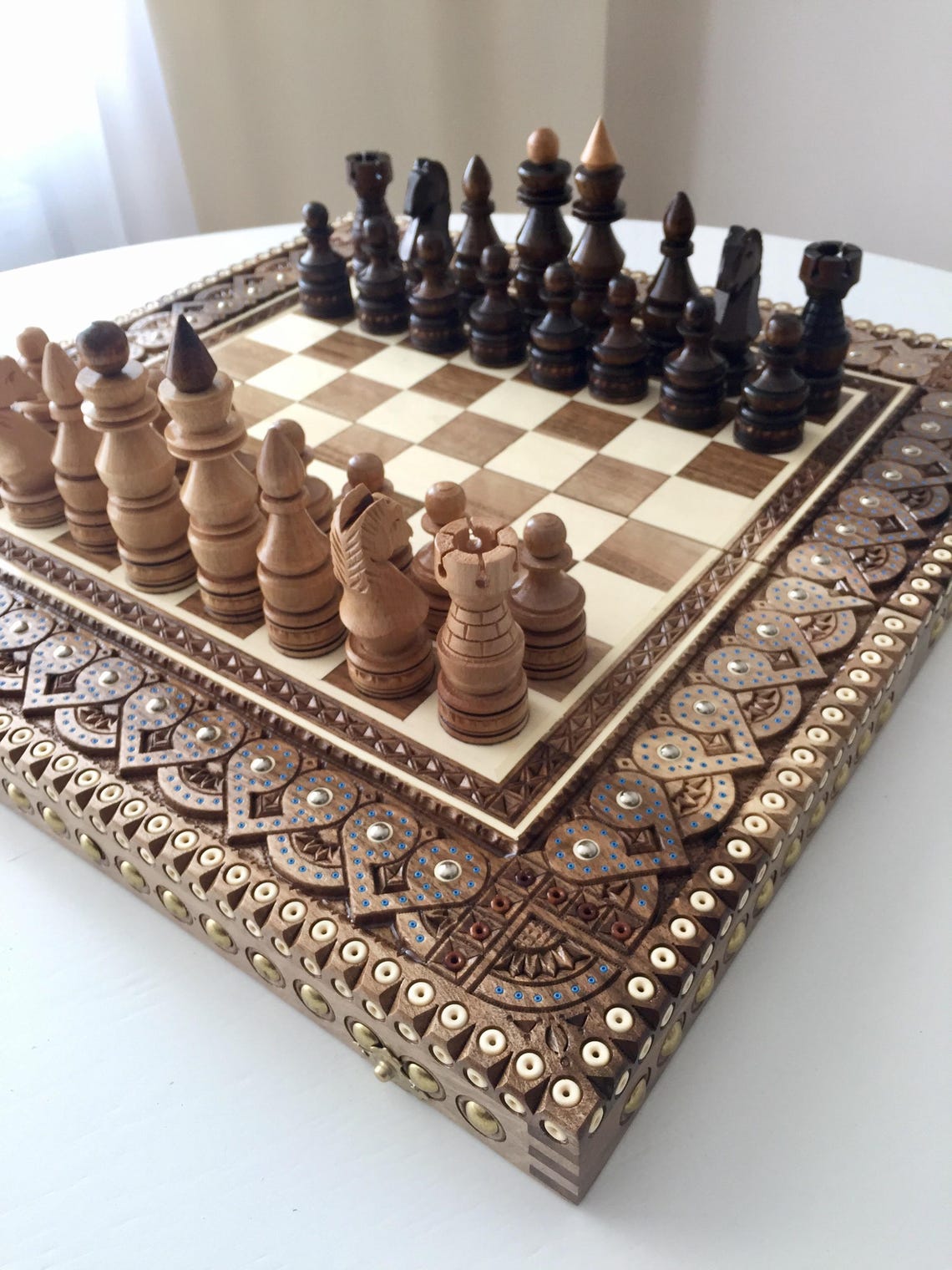 Patterned Chess Board, Handmade Wooden Chess Set Gift Carved Wooden ...