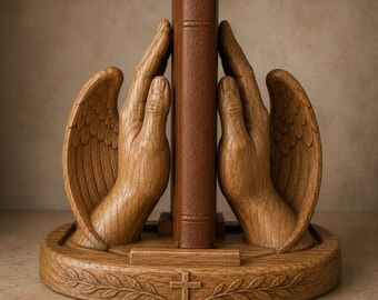 May include: A brown wooden bookend featuring two sculpted hands with feathered wings emerging from the sides, cradling a central brown book spine. The oval base is decorated with a carved cross and leaf patterns on the front edge.