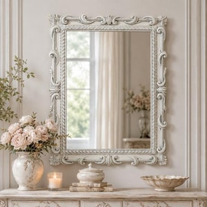 Può includere: Uno specchio da parete rettangolare con una cornice decorata color bianco sporco caratterizzata da intricati motivi a volute e dettagli a perline. Lo specchio riflette una stanza luminosa con finestra e tende, con una finitura testurizzata.