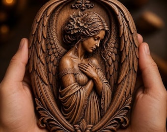 May include: An oval-shaped wooden plaque featuring a high-relief carving of a figure with large feathered wings, long hair adorned with flowers, and hands clasped over the chest. The carving is framed by intricate leaf and scroll patterns.