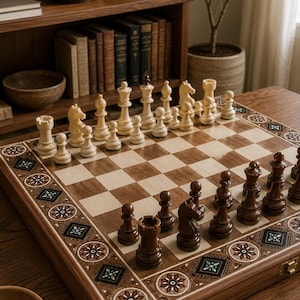 May include: A wooden chess set featuring a board with alternating light and dark squares and a decorative border of inlaid floral patterns. The set includes a full complement of carved light and dark wooden chess pieces arranged in their starting positions.