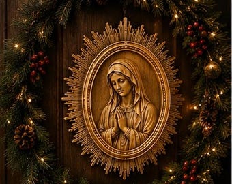 May include: A gold-toned oval relief plaque depicting a figure with a head covering and hands clasped in prayer, framed by a sunburst border. The plaque is centered within a circular evergreen wreath adorned with pinecones, red berries, and lights.