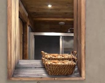 Scandinavische houten spiegel met plank – handgemaakte cottage-ingangsspiegel, rustieke boho-wandspiegel, hangende badkamerspiegel met houten lijst