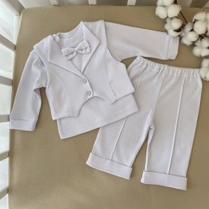 Fête tenues de baptême 100% naturelles bio pour garçon personnalisées, Bebe costume à manches longues tout blanc fait à la main image 10