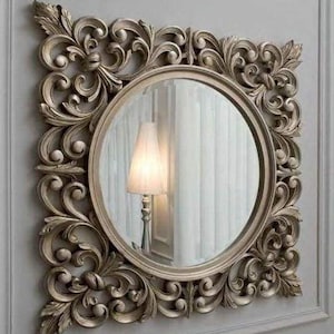 Ornate wooden wall mount mirror, Designer decorative mirrors, Mid Century Modern mirror for wall décor, Contemporary carving mirror