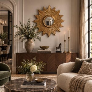 May include: A gold sunburst mirror hangs above a dark wood sideboard. The sideboard holds a large ceramic vase with greenery, a small bowl, a horse figurine, and two tall candlesticks. A round marble coffee table sits in front of a cream sofa.