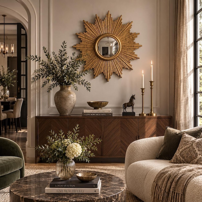 May include: A gold sunburst mirror hangs above a dark wood sideboard. The sideboard holds a large ceramic vase with greenery, a small bowl, a horse figurine, and two tall candlesticks. A round marble coffee table sits in front of a cream sofa.
