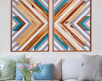 Nowoczesna geometryczna sztuka ścienna z drewna, sztuka ścienna z odzyskanego drewna, geometryczna, rustykalna drewniana zawieszka ścienna, rodzima sztuka ścienna z drewna, panel ścienny z drewna w stylu wiejskim