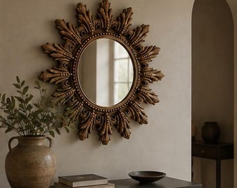 Sunburst Boho Mirror, Large Sun mirror for wall décor, Ornate wall mount mirror for living room, Rustic Wood Mirror for Entryway