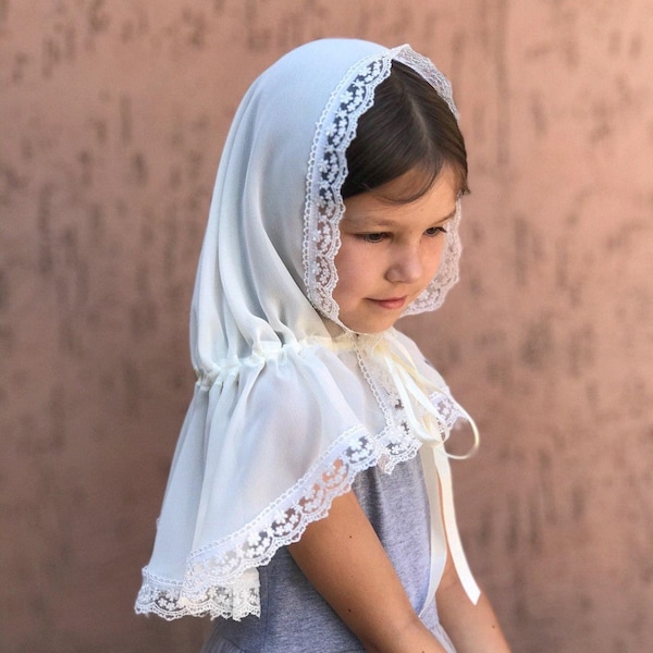 Natural organic chiffon Girl white christian mantilla with lace Traditional Orthodox Catholic Chapel veil for pray Infinity Spanish