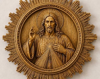 May include: A circular gold-toned wall plaque featuring a relief sculpture of Jesus Christ with a halo. The figure is depicted with one hand raised in a blessing gesture and the other over the chest, with rays emanating from the heart.