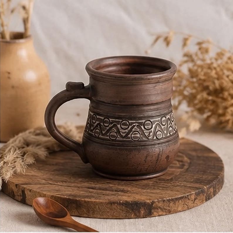 May include: A dark brown ceramic mug with a rounded body and a sturdy handle. The mug features a horizontal band around the center decorated with a repeating pattern of white zig-zag lines and circles etched into the clay surface.
