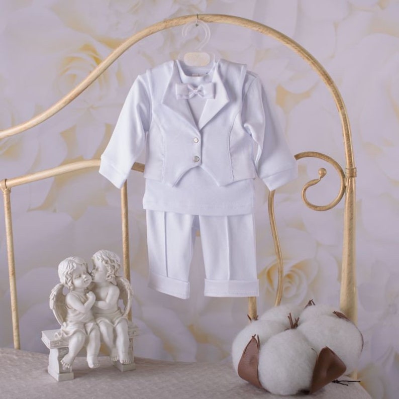 Fête tenues de baptême 100% naturelles bio pour garçon personnalisées, Bebe costume à manches longues tout blanc fait à la main image 2