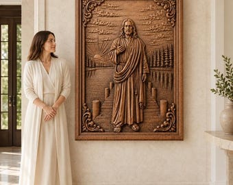 May include: A rectangular wooden wall plaque featuring a detailed relief carving of a figure in robes standing on a wooden pier. The scene includes a sunrise, a body of water, and a forest of pine trees, all framed by ornate, carved scrollwork.