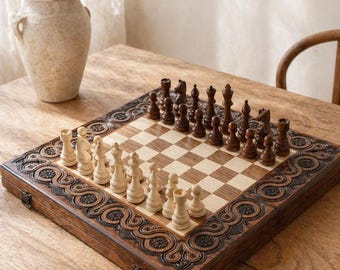 Holz Großes Schachset 3 in 1 Handgeschnitztes dekoratives Schachbrett Сhess Tischbrett mit Lagerung Holzschachbrett-Set Luxus-Schachbretter