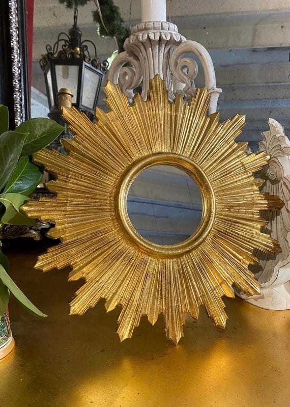 Sunburst Boho Mirror, Shabby chic baroque sun mirror for wall décor, Ornate wall mount mirror for living room, Gold Wood Mirror for Entryway