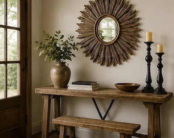 Sunburst Boho Mirror, Large Sun mirror for wall décor, Ornate wall mount mirror for living room, Rustic Wood Mirror for Entryway