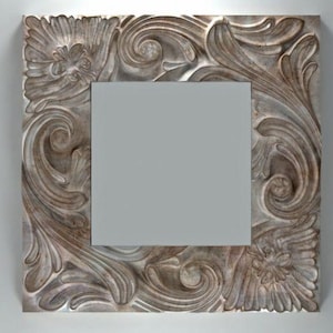Square solid wood mirrors, Mid Century rectangular mirror for wall décor, Ornate big wall mount mirror, Contemporary carving mirror
