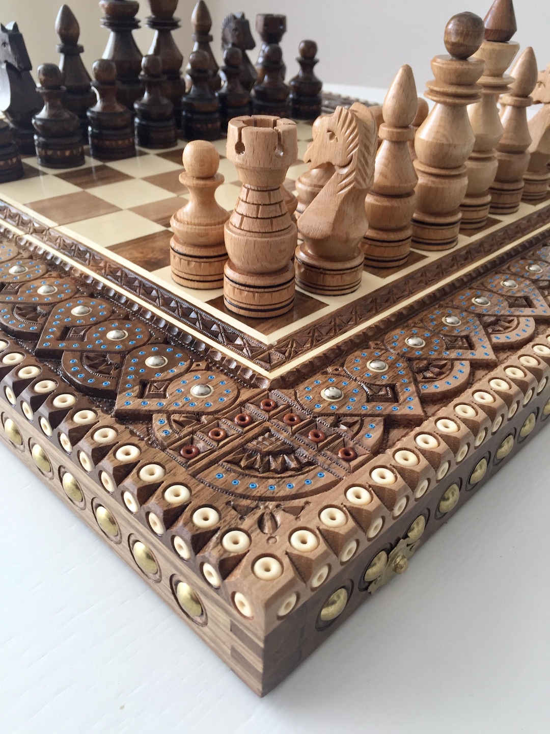 Patterned Chess Board, Handmade Wooden Chess Set Gift Carved Wooden ...
