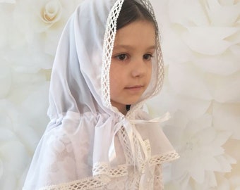 Natural organic chiffon Girl white christian mantilla with lace Traditional Orthodox Catholic Chapel veil for pray Infinity Spanish