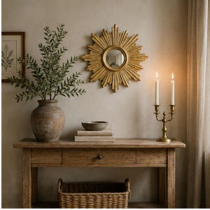 May include: A gold sunburst mirror hangs above a wooden console table. On the table sits a large textured clay vase with green foliage, a small bowl atop two stacked books, and a brass candelabra holding two lit white taper candles.
