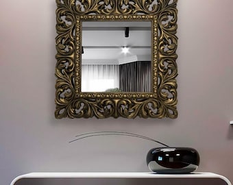Espejos decorativos cuadrados, espejo rectangular de mediados de siglo para decoración de pared, espejo de pared grande adornado, espejo tallado contemporáneo