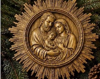 May include: A circular gold-toned relief plaque depicting the Holy Family, featuring a central figure of a man, a woman, and a child. The plaque is surrounded by a sunburst frame with radiating rays, creating a detailed, textured appearance.