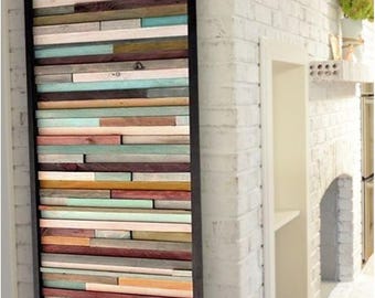 Pionowy panel ścienny z odzyskanego drewna z farmy, Drewniana mozaika ścienna, Sztuka ścienna z odzyskanego drewna, Geometryczna rustykalna dekoracja ścienna, Sztuka rodzimego drewna