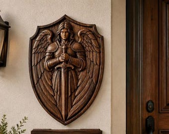 May include: A dark brown wooden wall plaque shaped like a shield, featuring a relief carving of a winged figure in armor holding a sword with both hands. The figure has long hair and large, detailed wings that extend to the edges of the shield.
