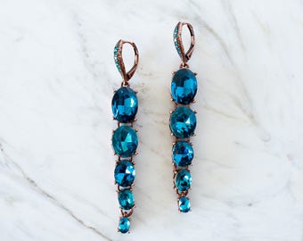 Blue zircon crystal earrings, Bridesmaid Earrings, Bridal Drop dangle earring, holiday gift, Statement earrings, Long earrings,Blue earrings