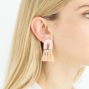 Pink tassel earrings, Arch earrings, Statement earrings, Minimalist earring, Fringe earrings, Spring summer earring, Birthday gift image 1