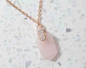 Rose quartz necklace with crystal accent, Statement necklace, Hexagon necklace, Modern minimalist design, Bridesmaid necklace, Unique gifts