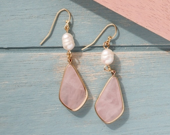 Rose quartz earrings, Freshwater pearl earrings, Teardrop earrings, Kite Geometric earrings, Statement earring, Bridesmaid gift, Unique gift