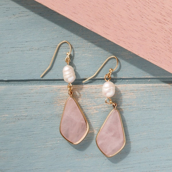 Rose quartz earrings, Freshwater pearl earrings, Teardrop earrings, Kite Geometric earrings, Statement earring, Bridesmaid gift, Unique gift