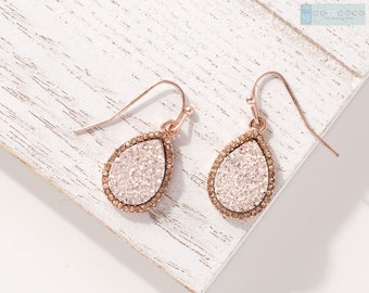 Druzy earrings, Rose gold druzy, Small teardrop Druzy dangle earrings, Crystal pave bezel, Earrings under 20, Bridesmaid gift, Christmas