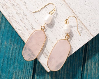 Raw quartz earrings, Rose quartz earrings, Geometric earrings, Dangle drop earrings, Crystal earring, Statement earrings, Bridesmaid earring