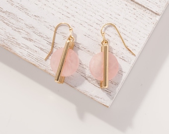 Rose quartz earrings, Minimalist earrings, Geometric Circle earrings, Dainty earrings, Bridesmaid gift, Rose quartz with bar accent earring