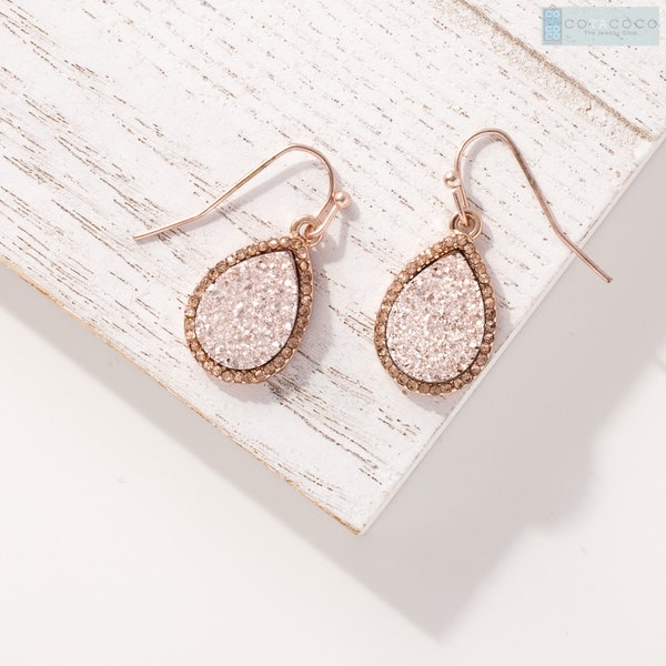 Druzy earrings, Rose gold druzy, Small teardrop Druzy dangle earrings, Crystal pave bezel, Earrings under 20, Bridesmaid gift, Christmas