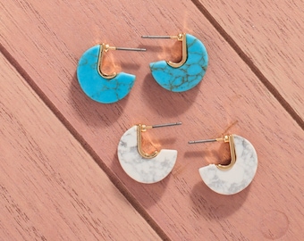 Turquoise earrings, Minimalist earrings, White marble earrings, Disc earrings, Coin disc hoop earrings, Dainty earrings, Unique gifts