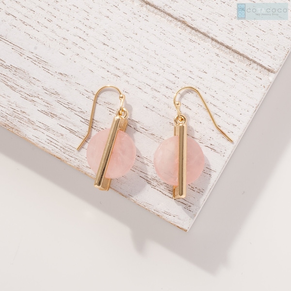 Rose quartz earrings, Minimalist earrings, Geometric Circle earrings, Dainty earrings, Bridesmaid gift, Rose quartz with bar accent earring