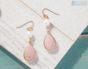 Rose quartz earrings, Freshwater pearl earrings, Teardrop earrings, Geometric earrings, Statement earrings, Bridesmaid gift, Bridal earrings